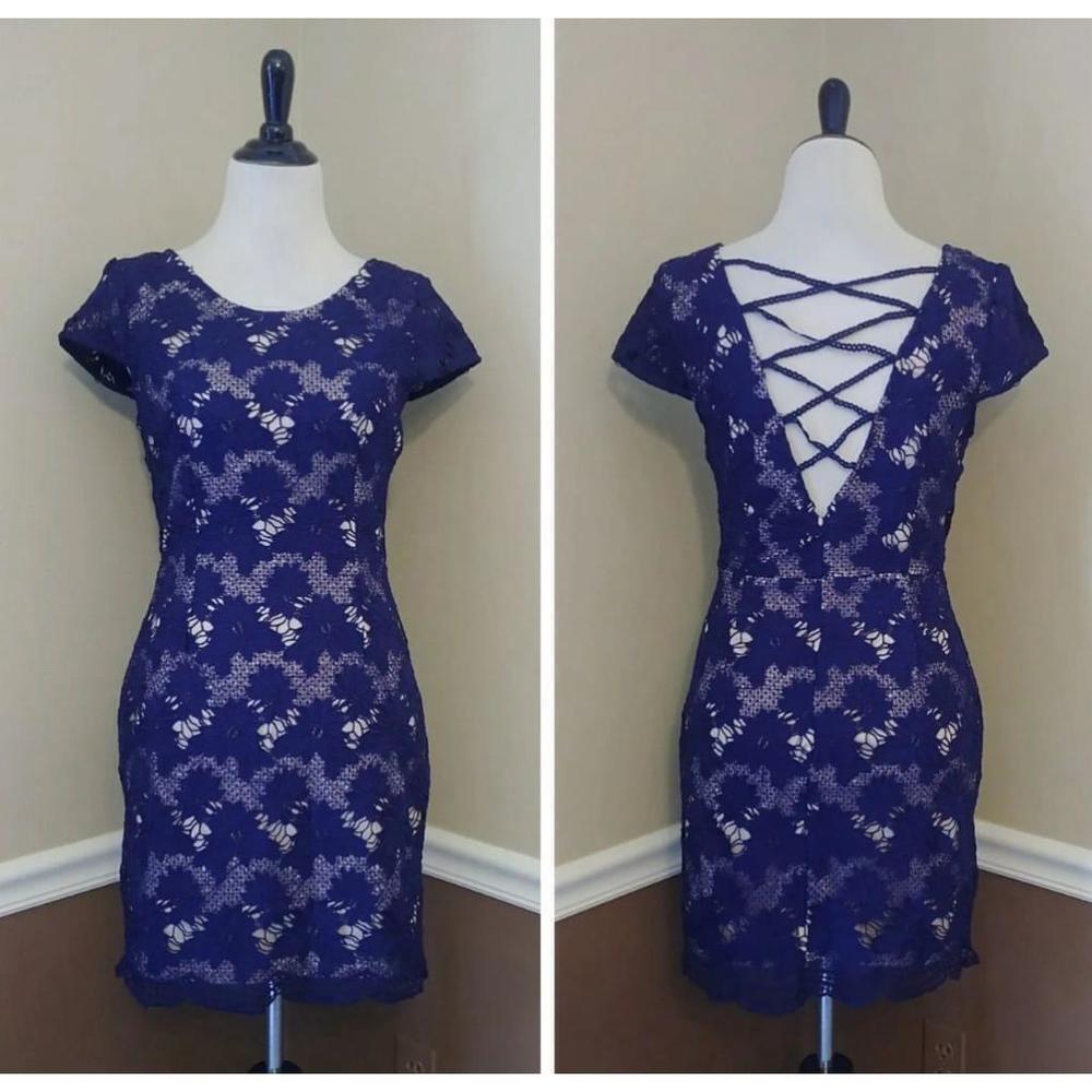 Blue Floral Lace Beige Lining Strappy V Back Modcloth Cocktail Dress by Soieblu